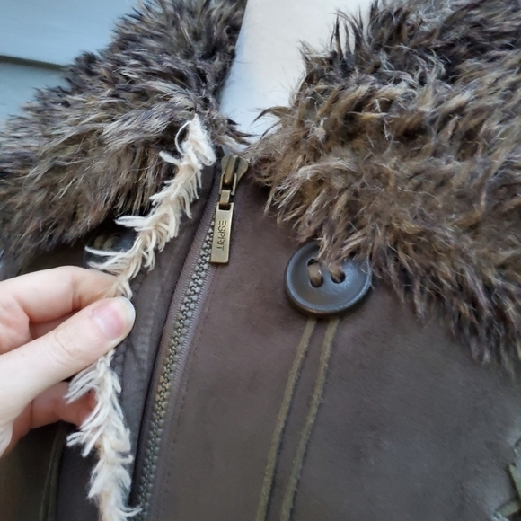 Vintage 90s y2k Esprit Brown Vegan Suede Faux Fur Collar Monster Penny Lane Coat - Picture 5 of 8